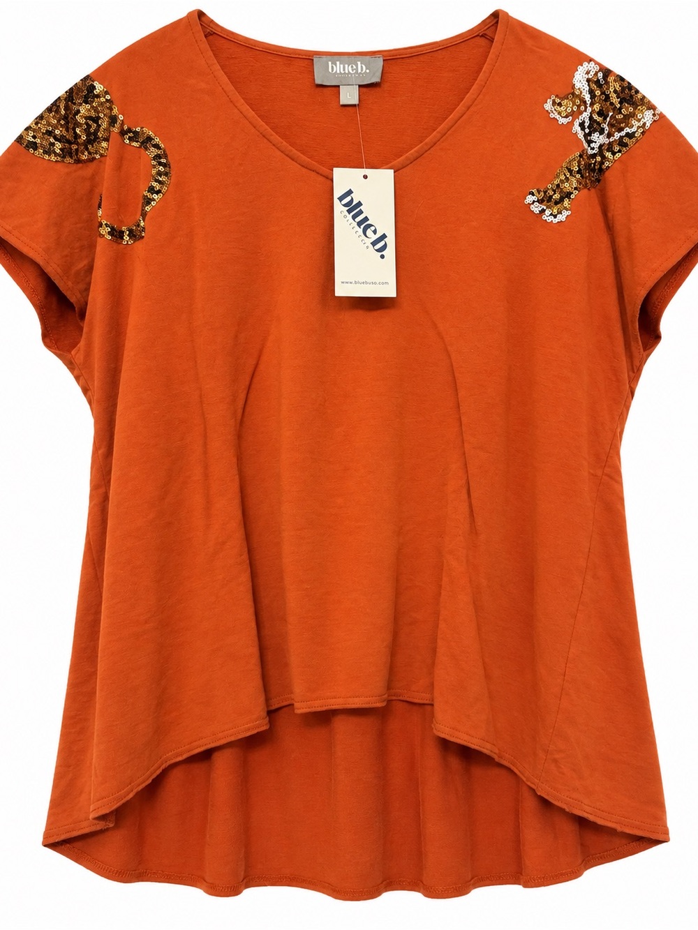 Blue B Rust Short Sleeve Women's Top with Sequin Tiger Detail L